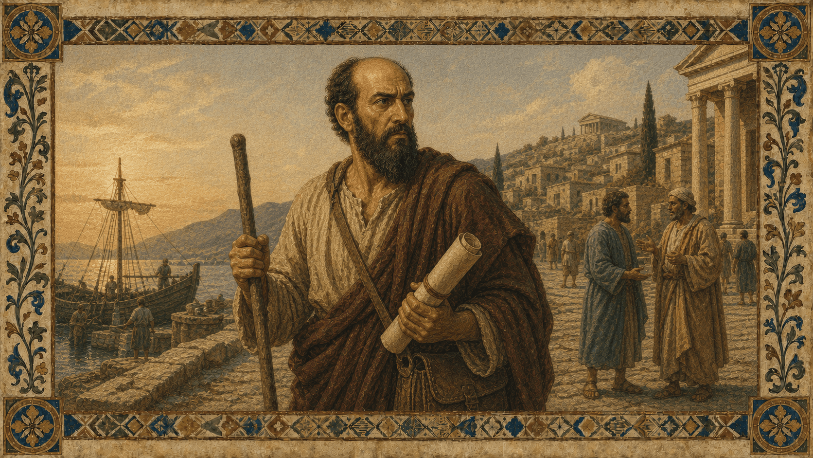 St. Paul the Apostle as a wiry apostolic traveler with scroll, staff, oxblood mantle, and the approved Paul face.