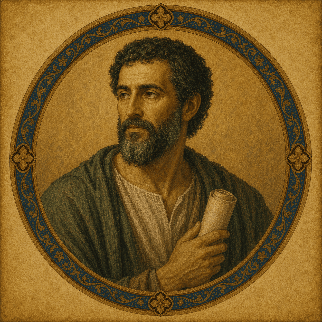 Portrait medallion of St. Barnabas with scroll and green mantle.
