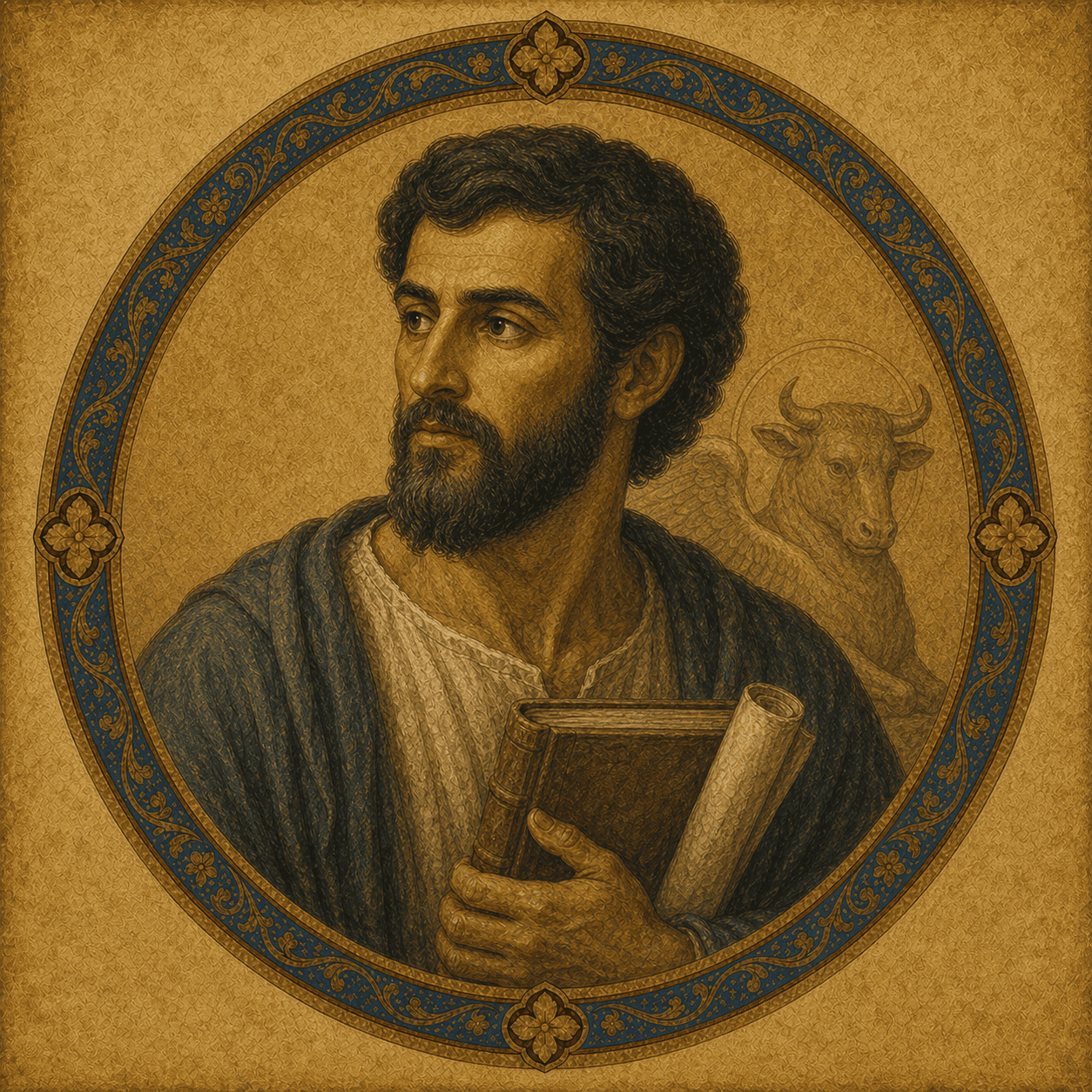 Portrait medallion of St. Luke with codex and subtle winged ox motif.