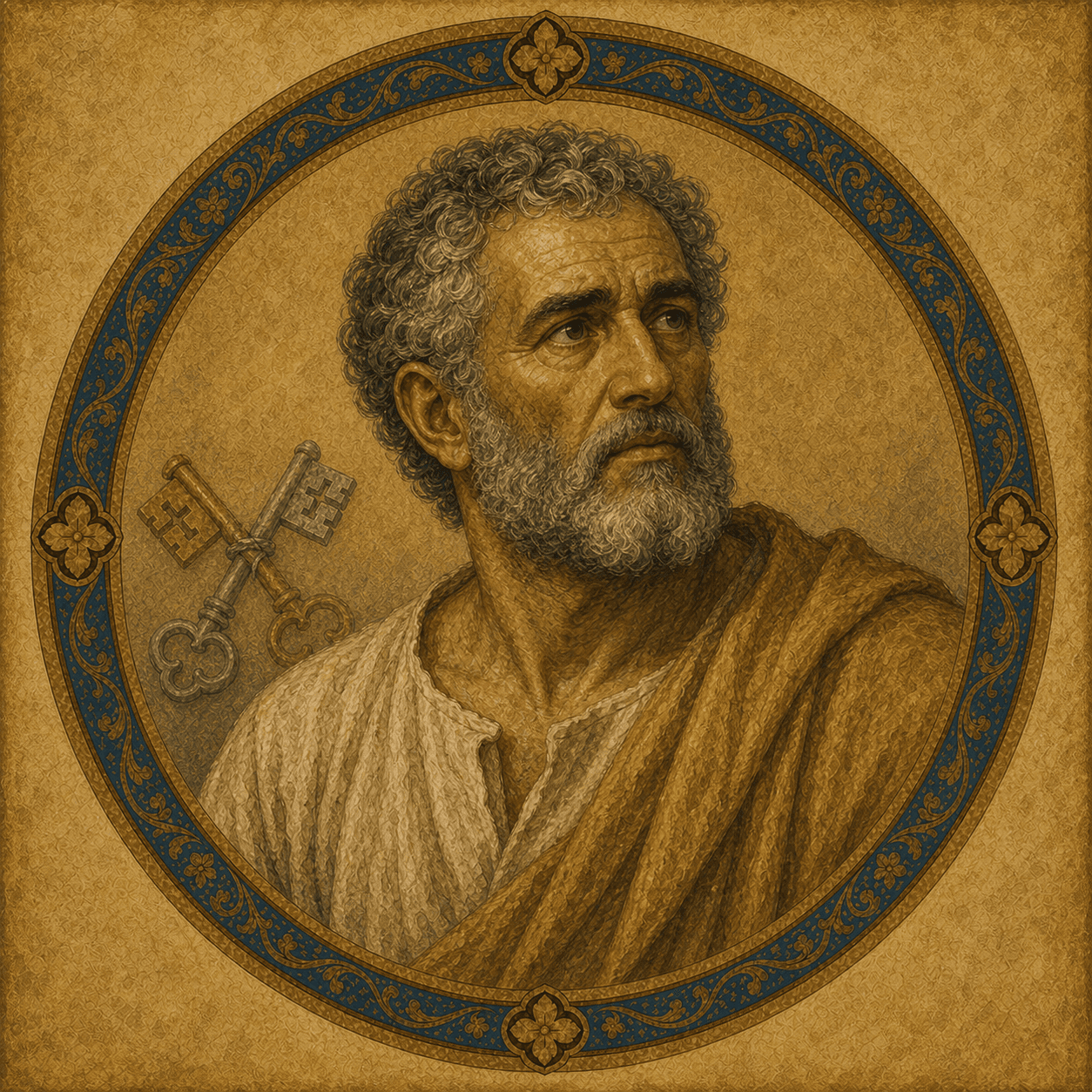 Portrait medallion of St. Peter with gray beard and subtle crossed keys, matching his established hero face.
