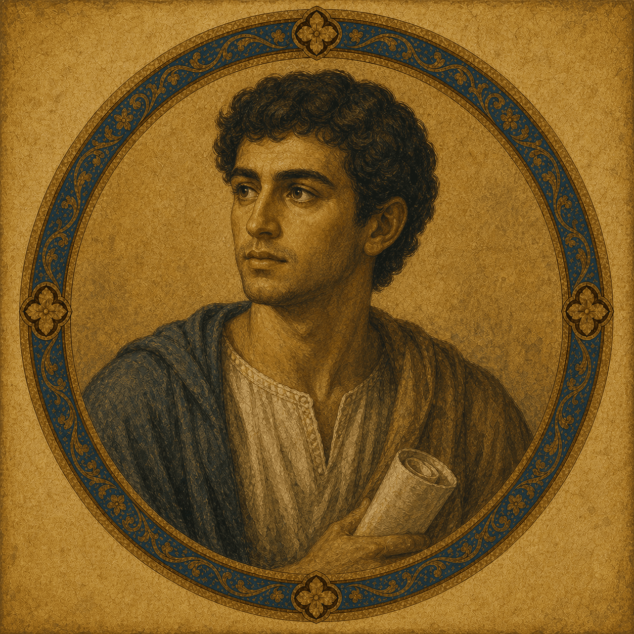 Portrait medallion of St. Timothy as a young apostolic disciple with a scroll.