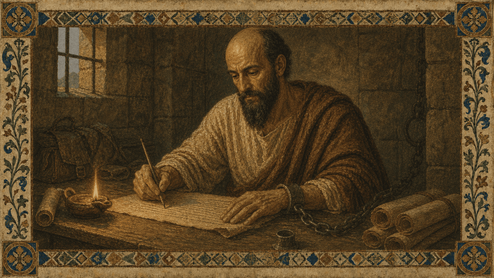 Paul writing in chains by lamplight in a Roman cell, used as the restrained martyrdom plate.