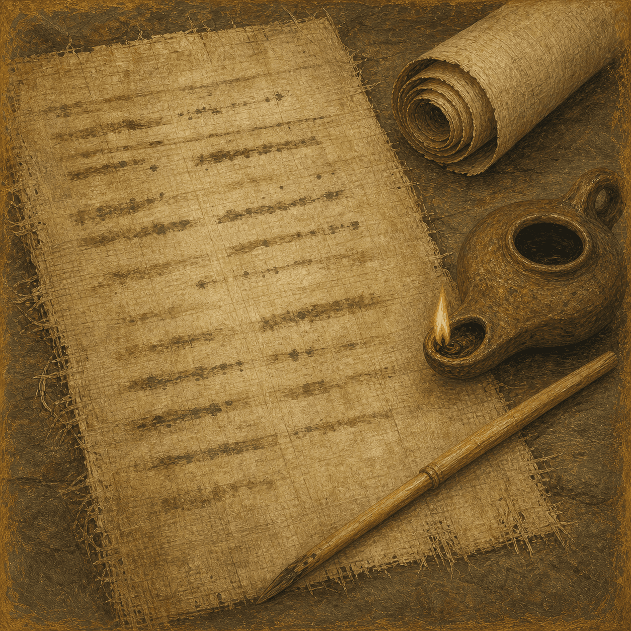 An abstract manuscript ornament for Paul's letters with blurred ink bands, lamp, and reed pen.
