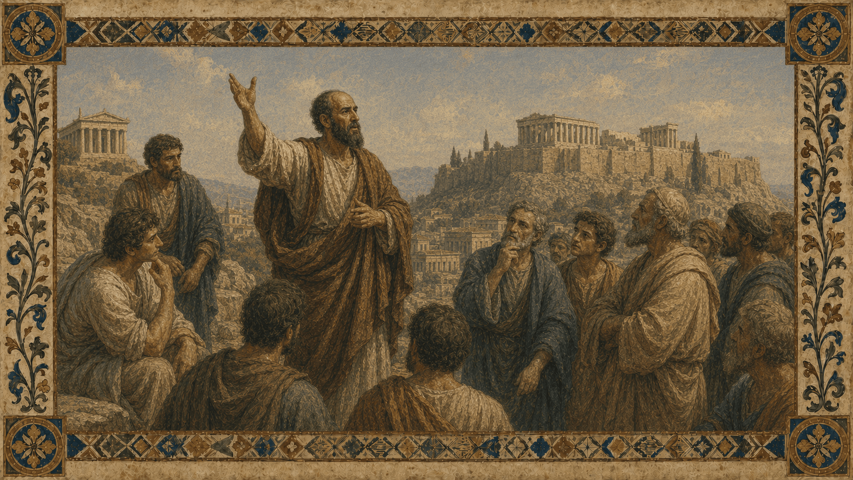 Paul preaching to Greek philosophers at the Areopagus in Athens.