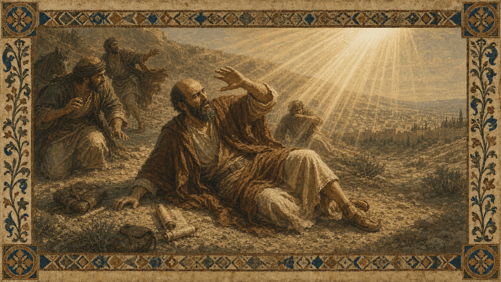 Paul fallen on the road to Damascus as heavenly light shines without depicting Christ as a figure.