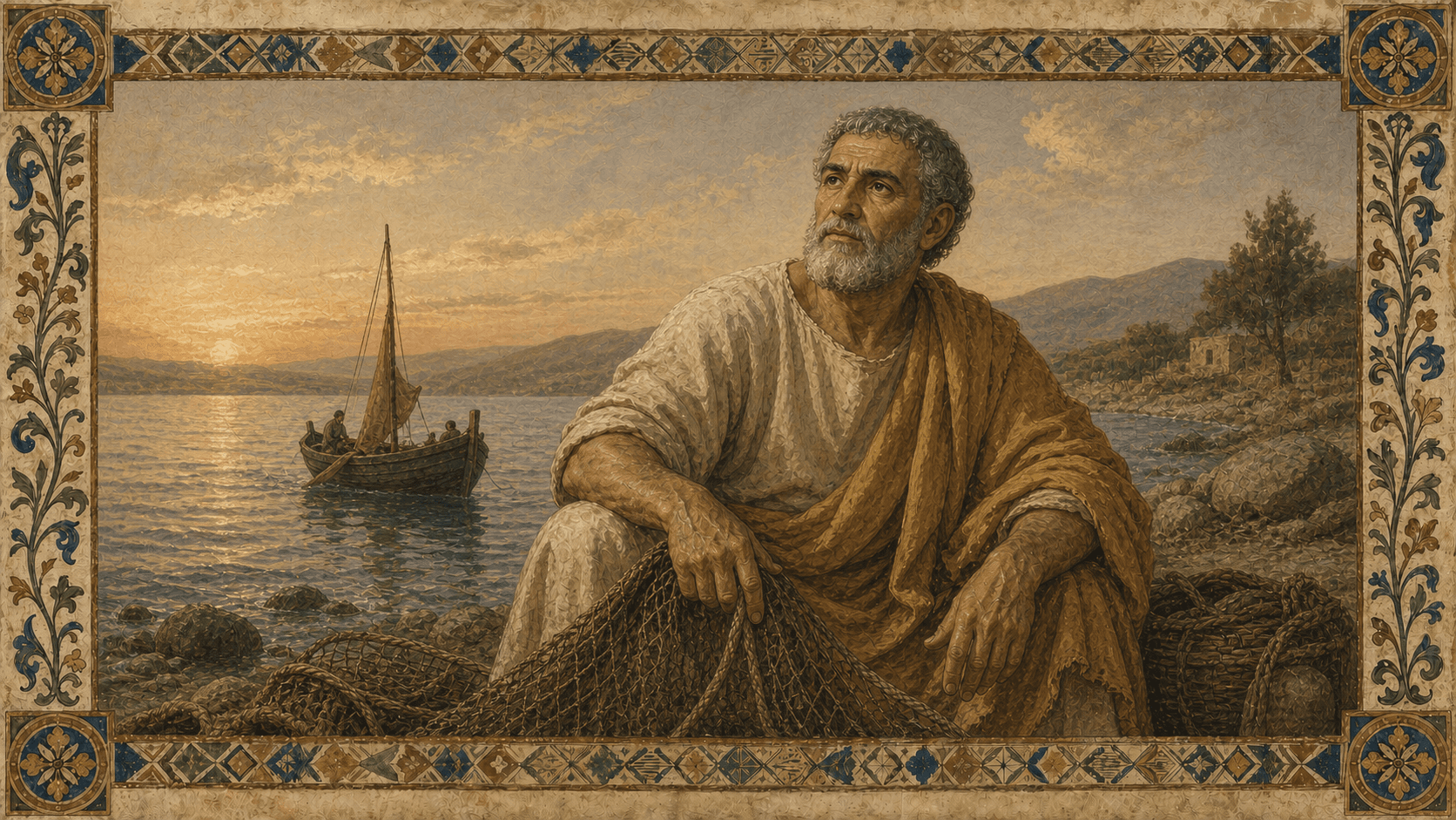 St. Peter as a weathered Galilean fisherman and apostle, with net and ochre mantle, rendered in the Saints Library fresco-editorial style.