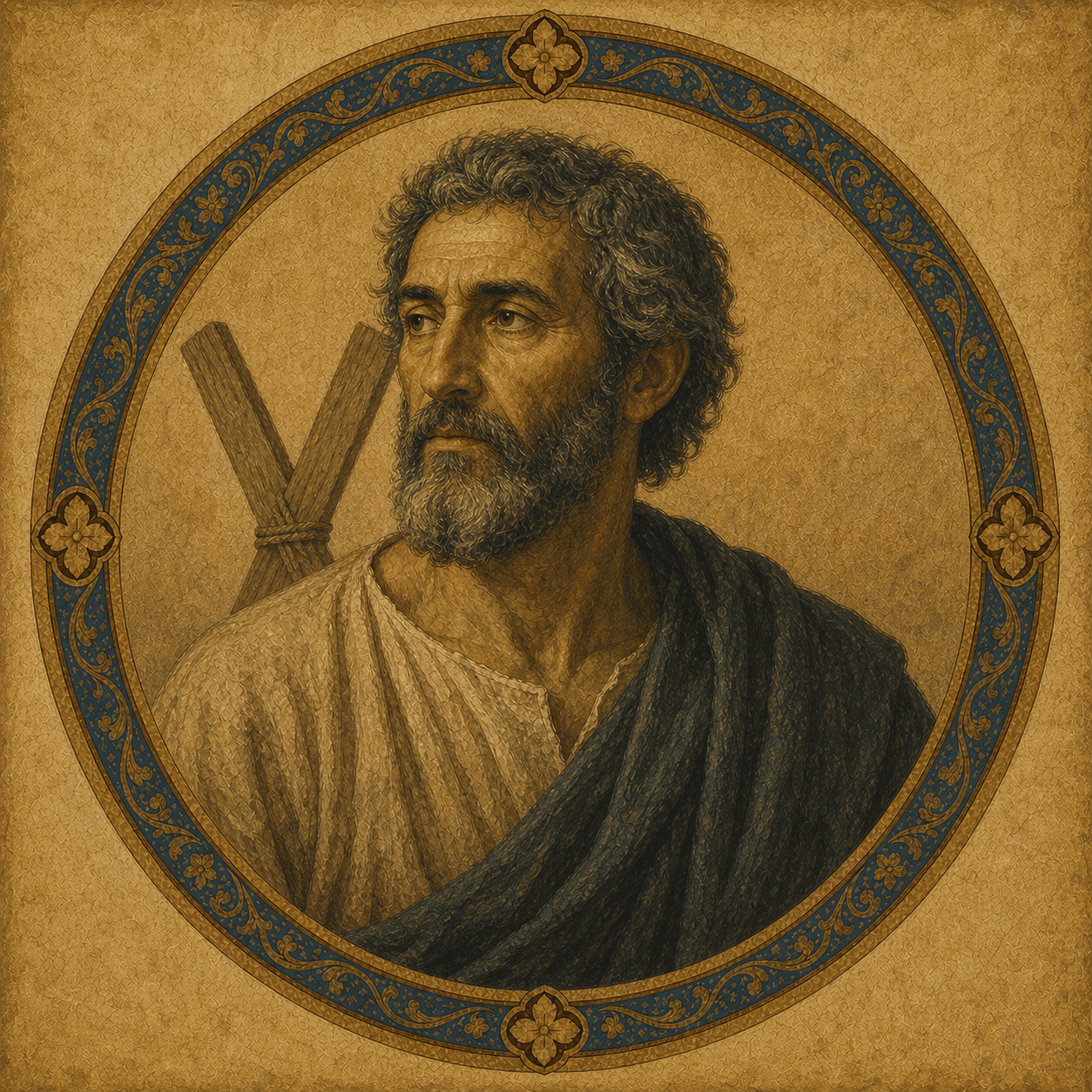 Portrait medallion of St. Andrew the Apostle, Peter's brother, with a restrained saltire attribute.