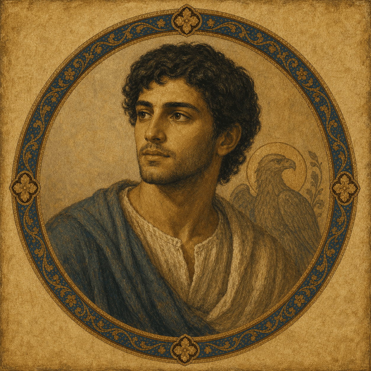 Portrait medallion of St. John the Apostle as a young contemplative disciple with a subtle eagle motif.