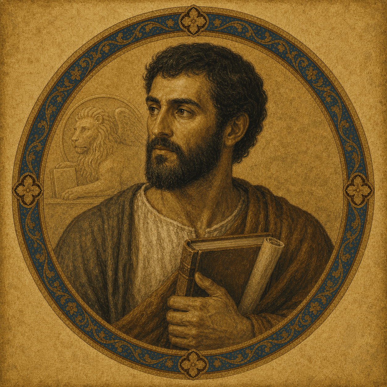 Portrait medallion of St. Mark the Evangelist with a codex and subtle winged lion motif.