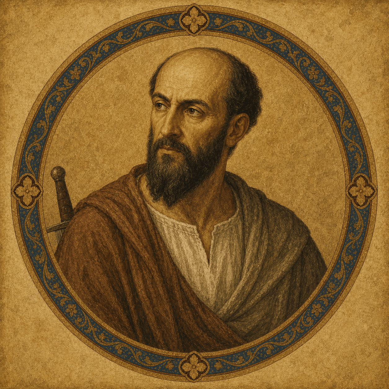 Portrait medallion of St. Paul the Apostle with a dark beard and subtle sword attribute.