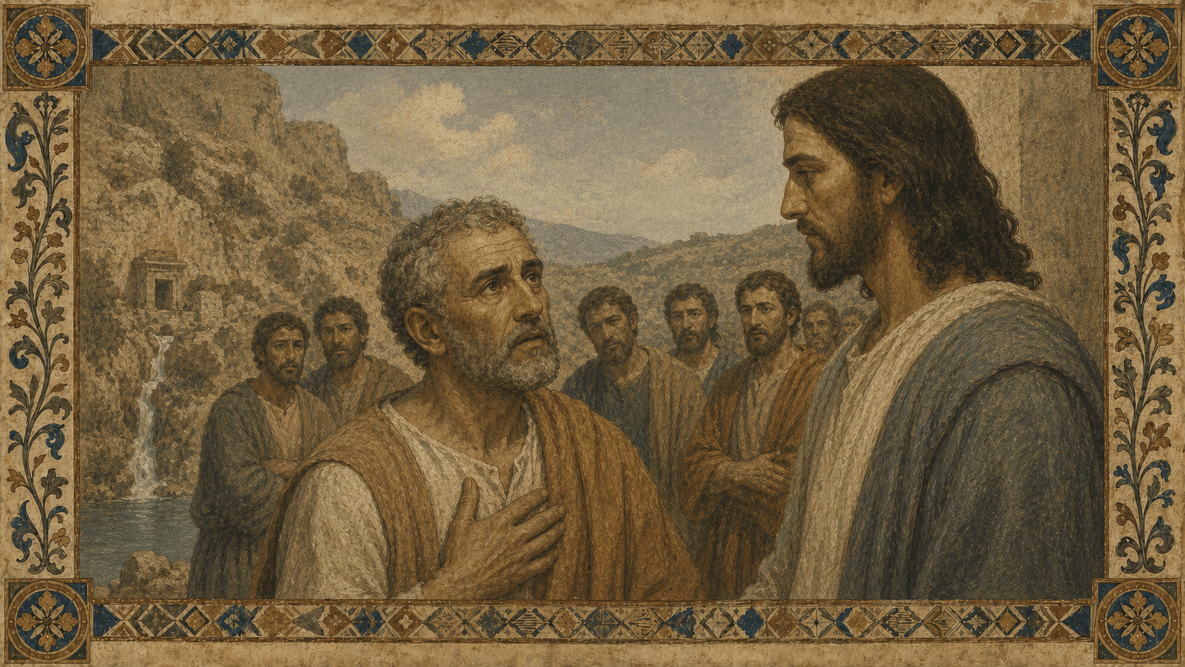 Peter confessing Christ at Caesarea Philippi while the other apostles look on.