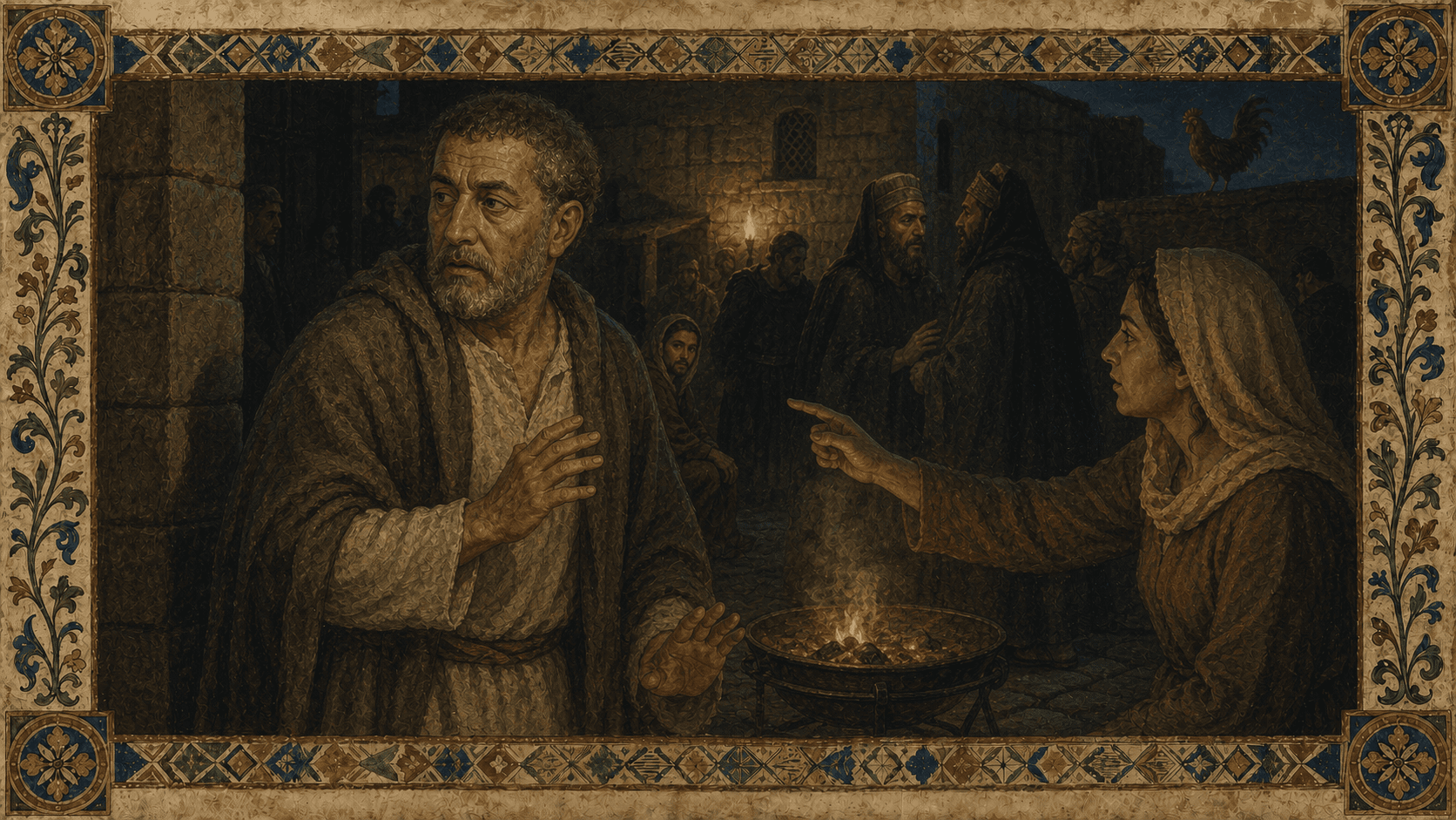 Peter at the charcoal fire during the denial, with a servant girl and the cockcrow implied in the distance.