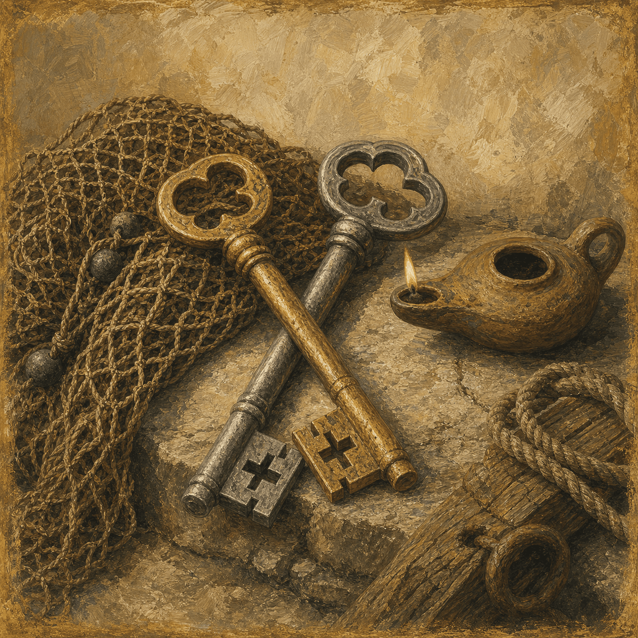 A symbolic still life for Peter with crossed keys, fishing net, lamp, and parchment.
