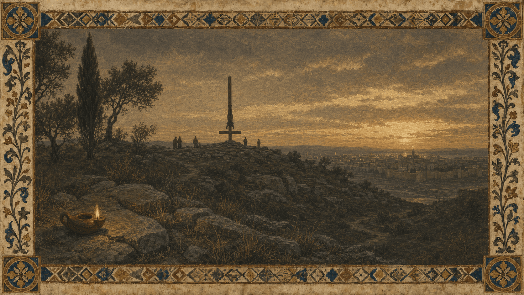 A distant restrained scene of Peter's martyrdom in Rome, with an inverted cross silhouetted at dusk on the Vatican hill.