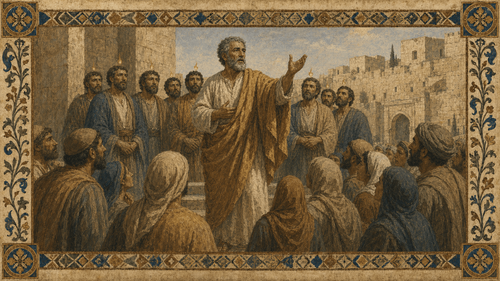 Peter preaching at Pentecost in first-century Jerusalem with restrained flame marks over the apostolic group.