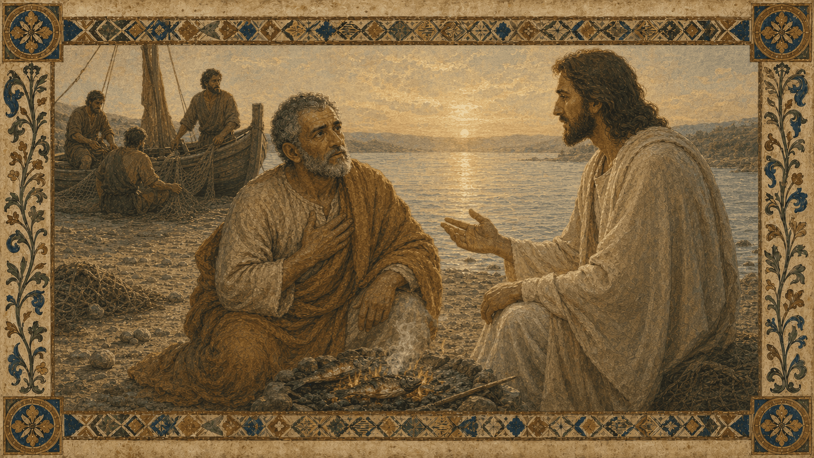 The risen Christ restoring Peter by the Sea of Galilee beside a dawn charcoal fire.