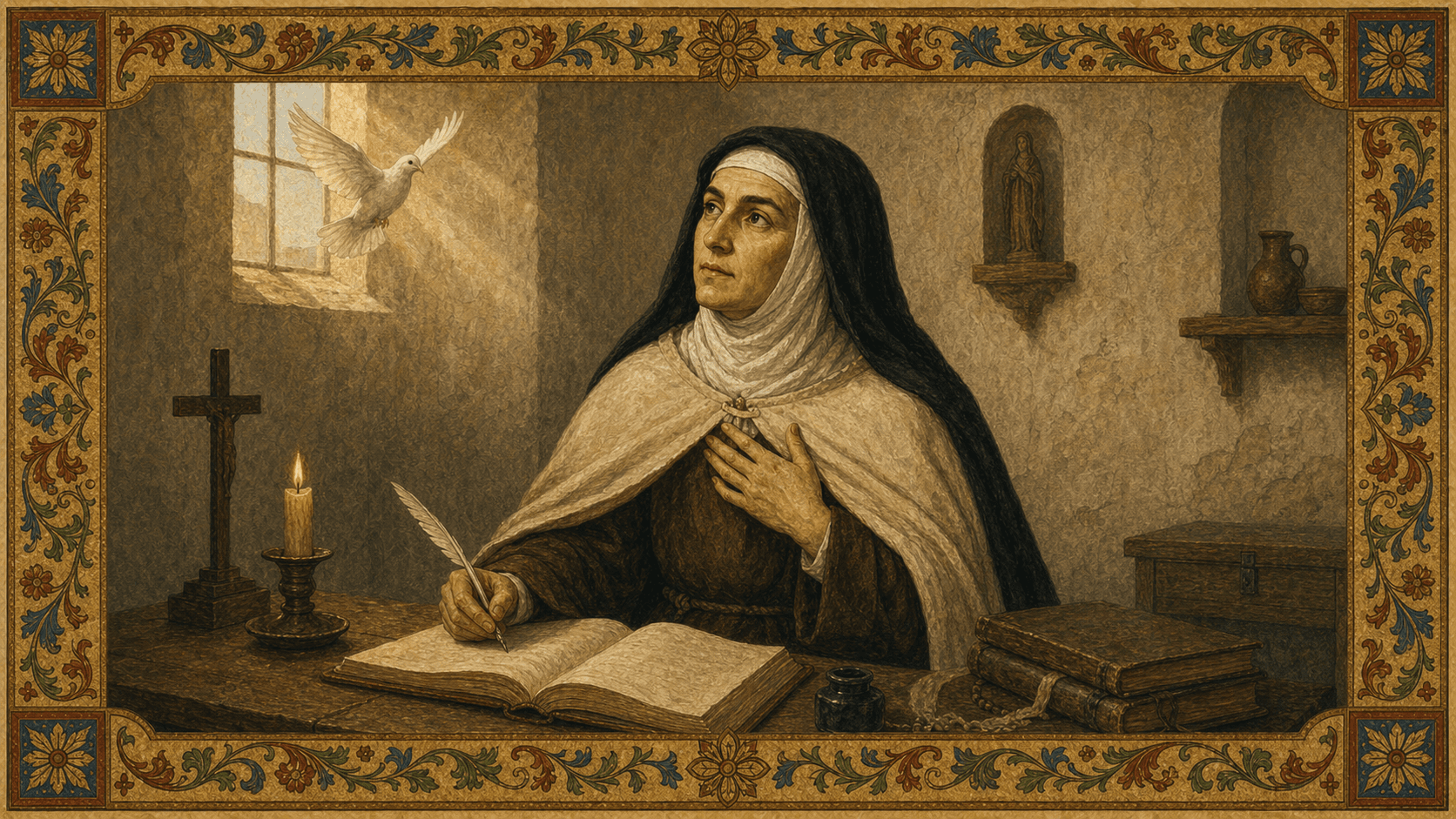 St. Teresa of Avila writing by candlelight in a Discalced Carmelite habit.