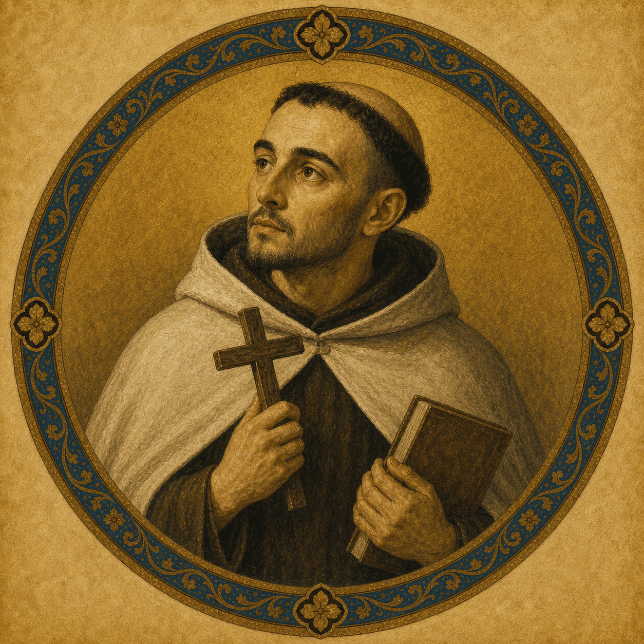 Portrait medallion of St. John of the Cross in a Carmelite habit.