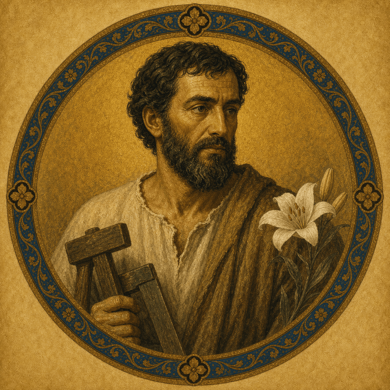 Portrait medallion of St. Joseph matching the Joseph page's Holy Land casting.