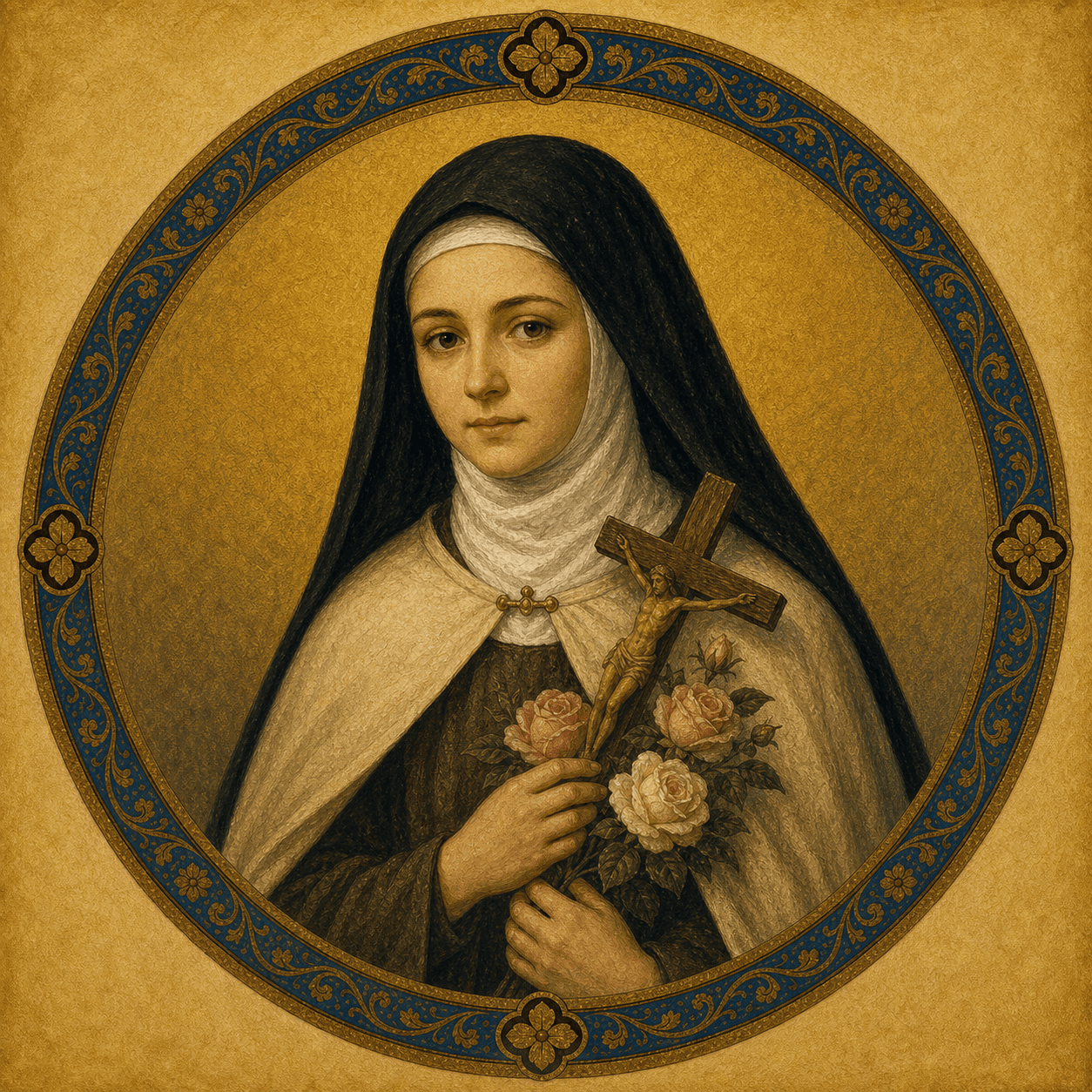 Portrait medallion of St. Thérèse of Lisieux in the Carmelite habit.
