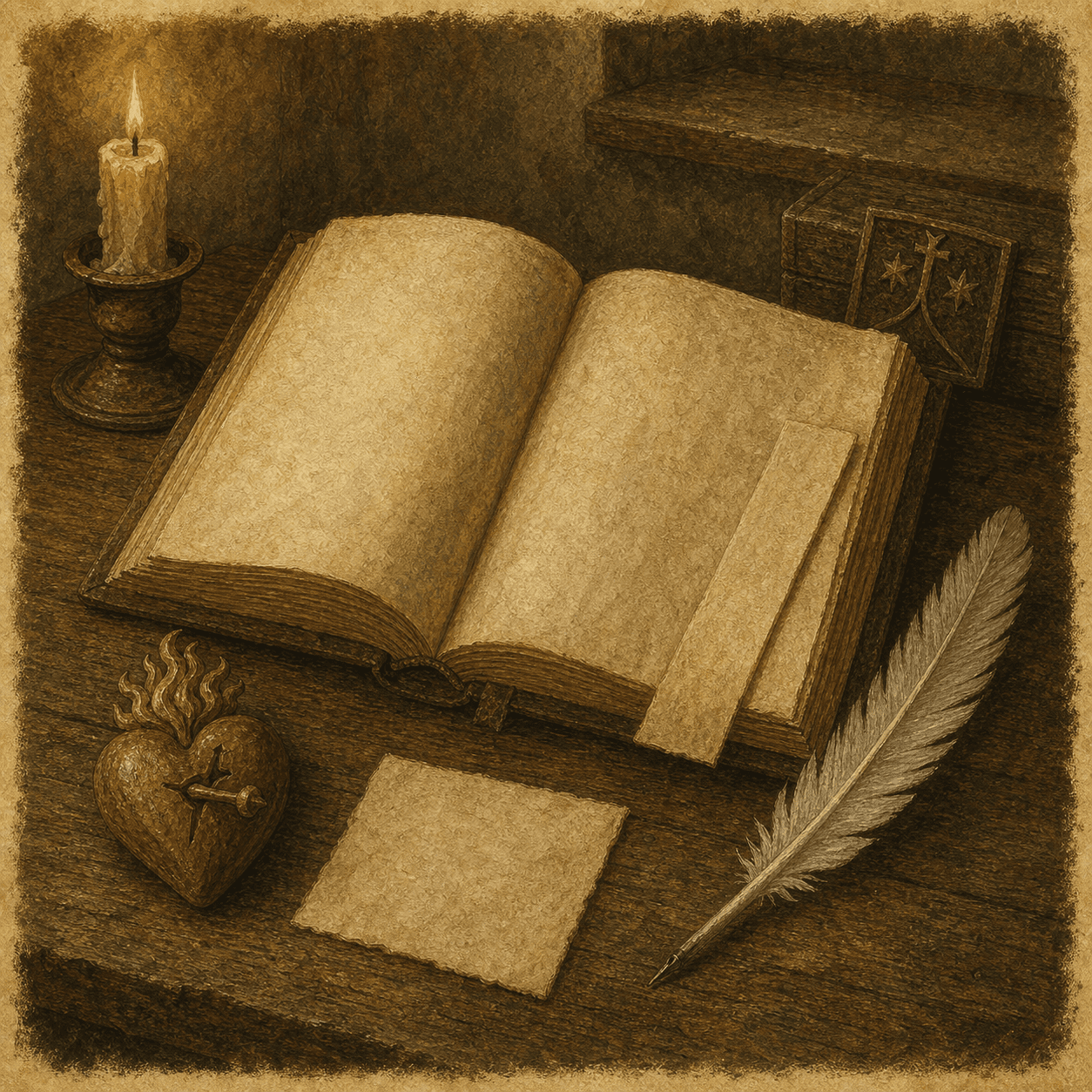 A symbolic still life for Teresa with a quill, book, Carmelite cord, and simple convent objects.