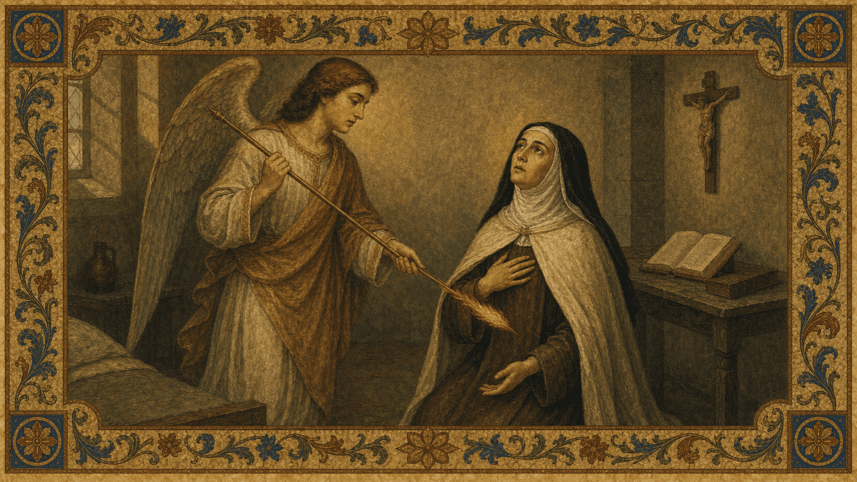 The transverberation of Teresa, shown soberly with Teresa upright and grave before a restrained angel.