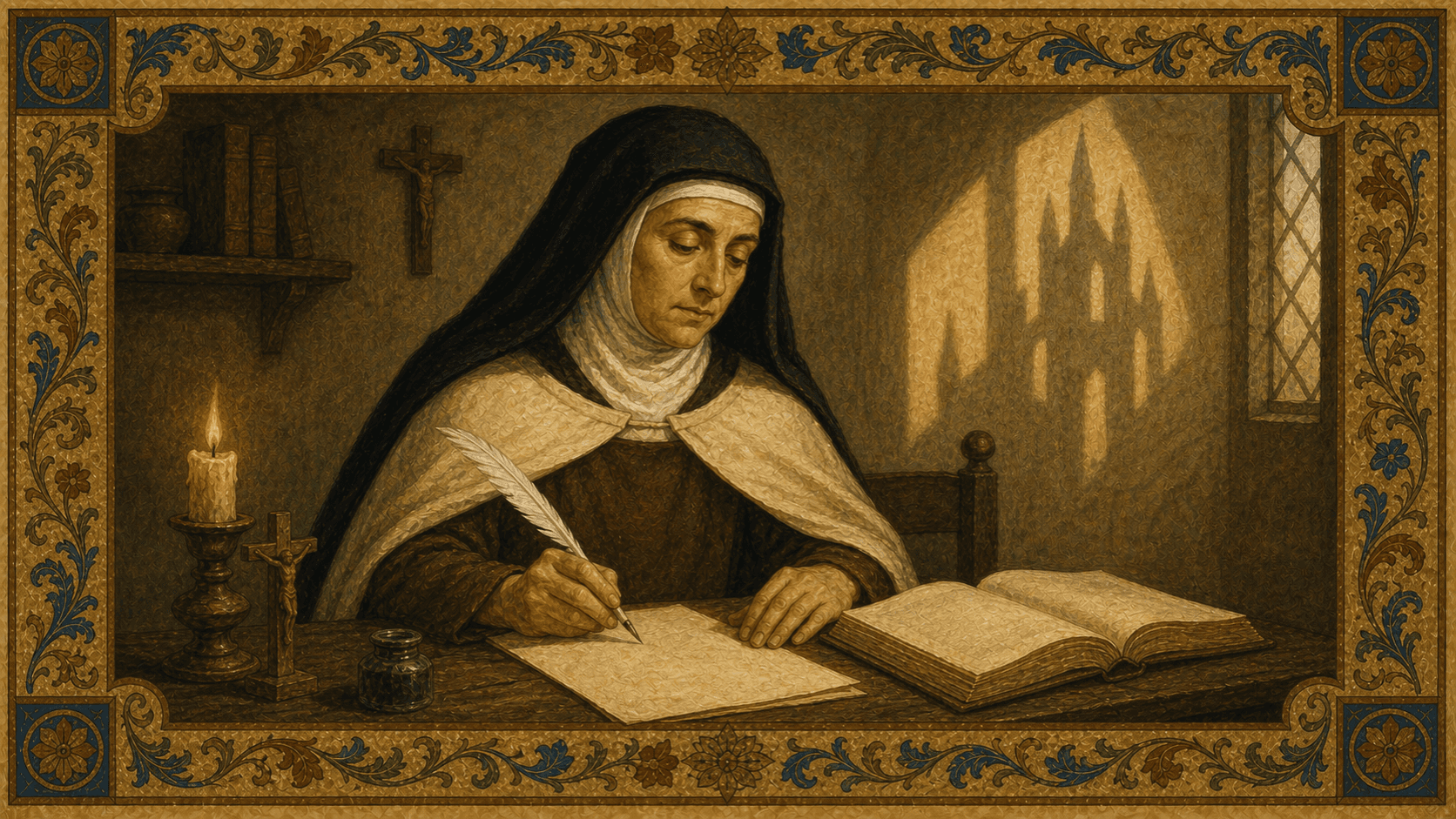 Teresa writing the Interior Castle with a subtle castle shadow on the wall.