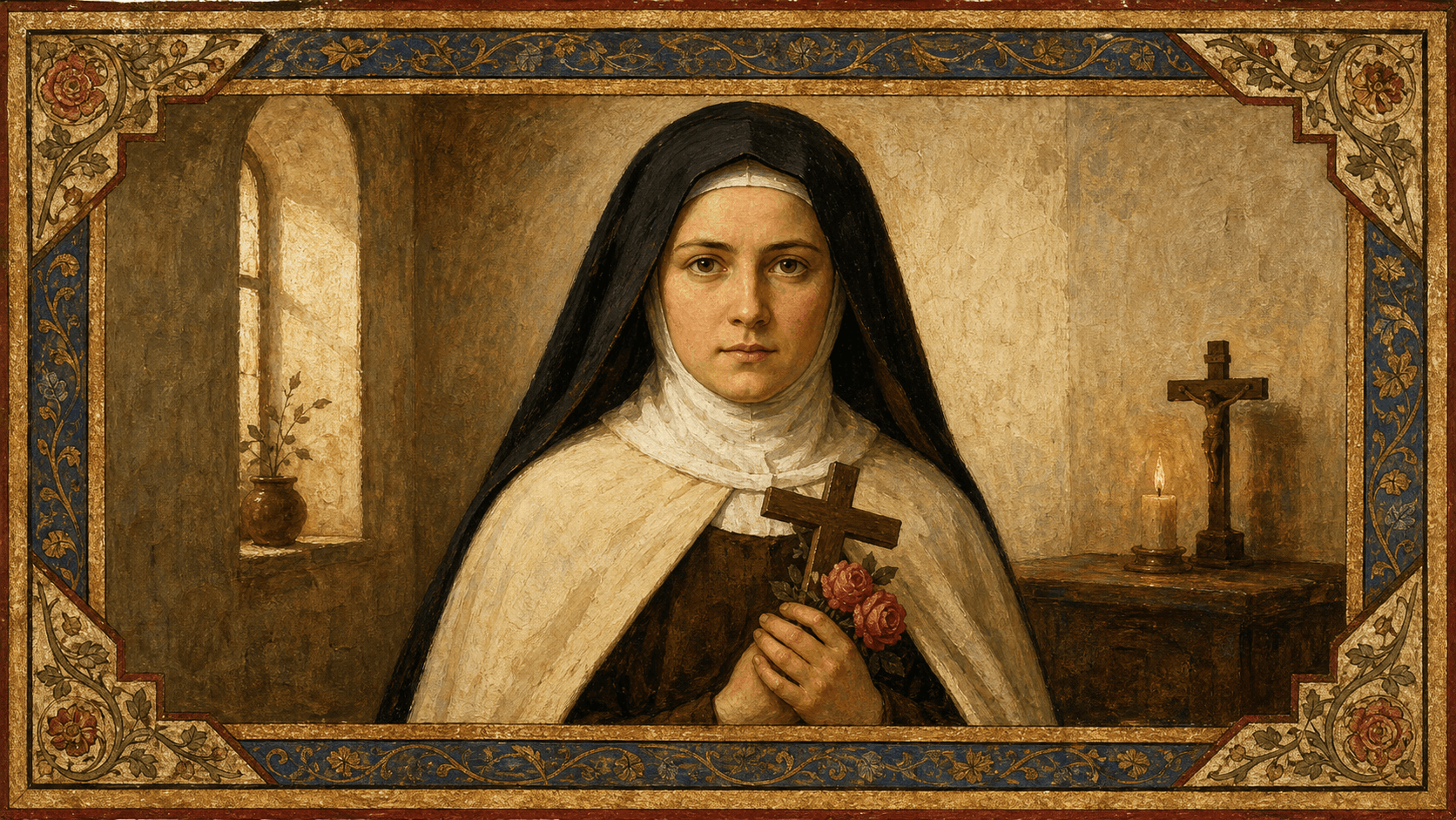 St. Thérèse of Lisieux in the Carmelite habit, holding a crucifix and roses.