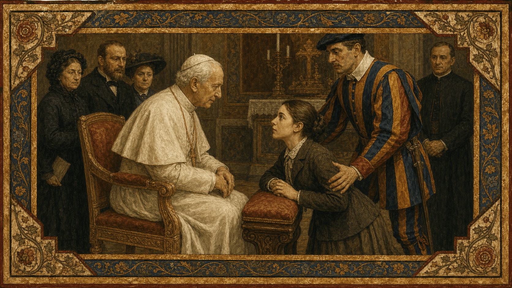 The young Thérèse Martin kneeling before Pope Leo XIII in 1887, asking to enter Carmel at fifteen.