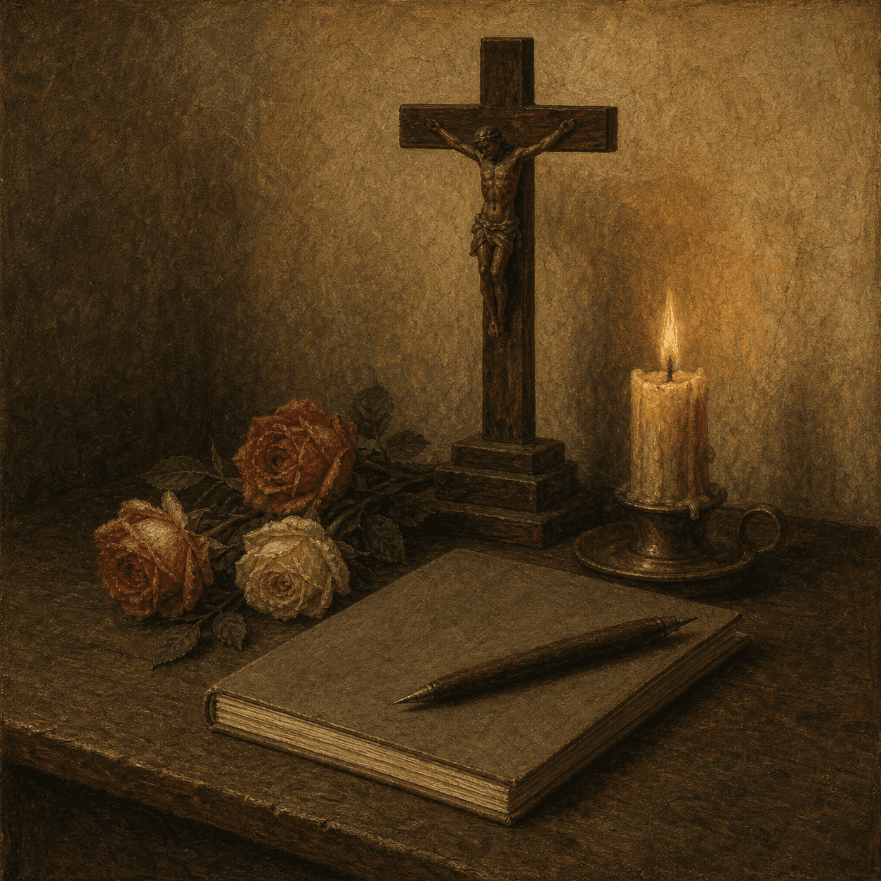 A still life of a crucifix, roses, candle, pen, and blank notebook for St. Thérèse.