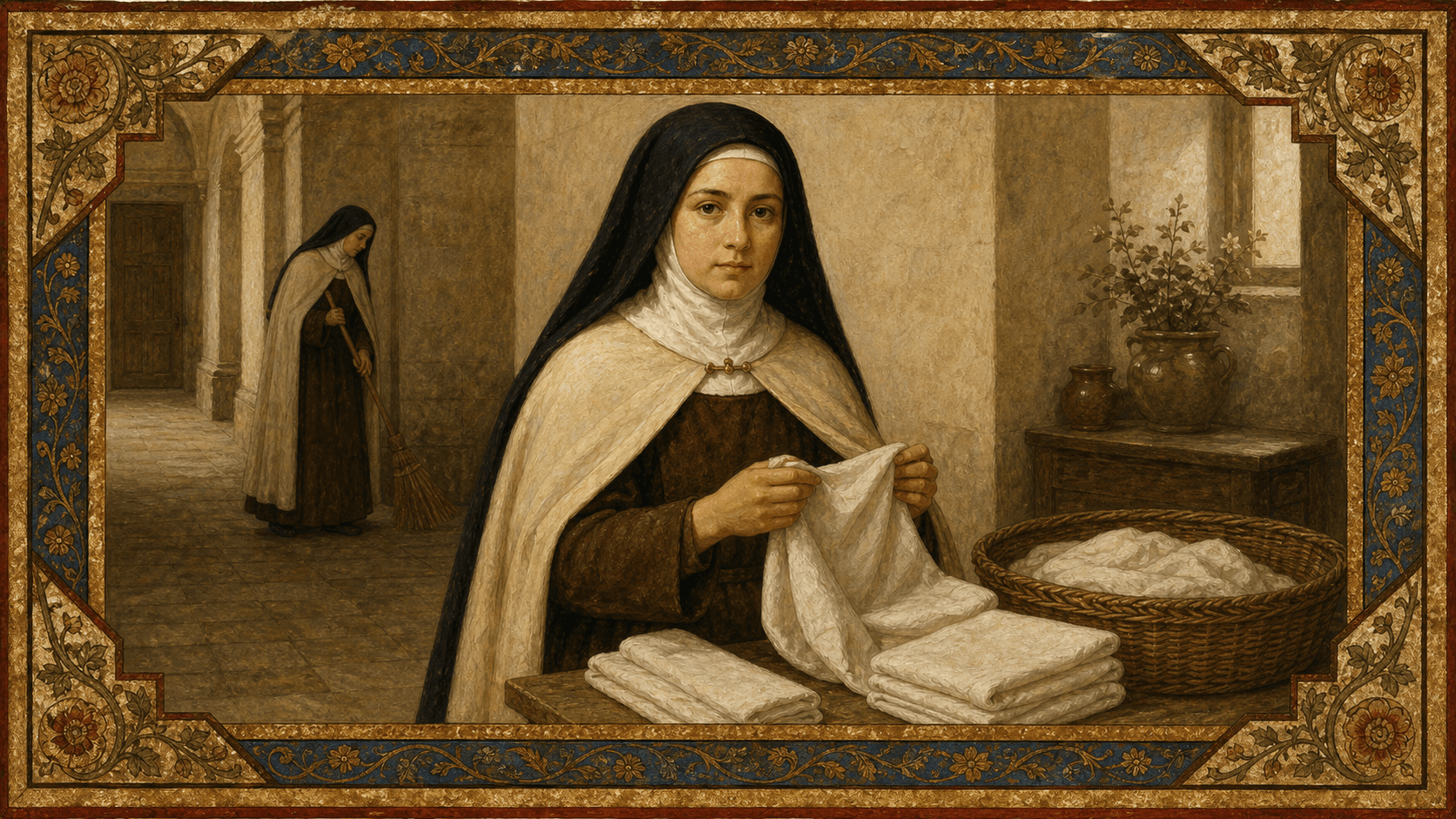 St. Thérèse doing ordinary laundry work in the Carmel of Lisieux.