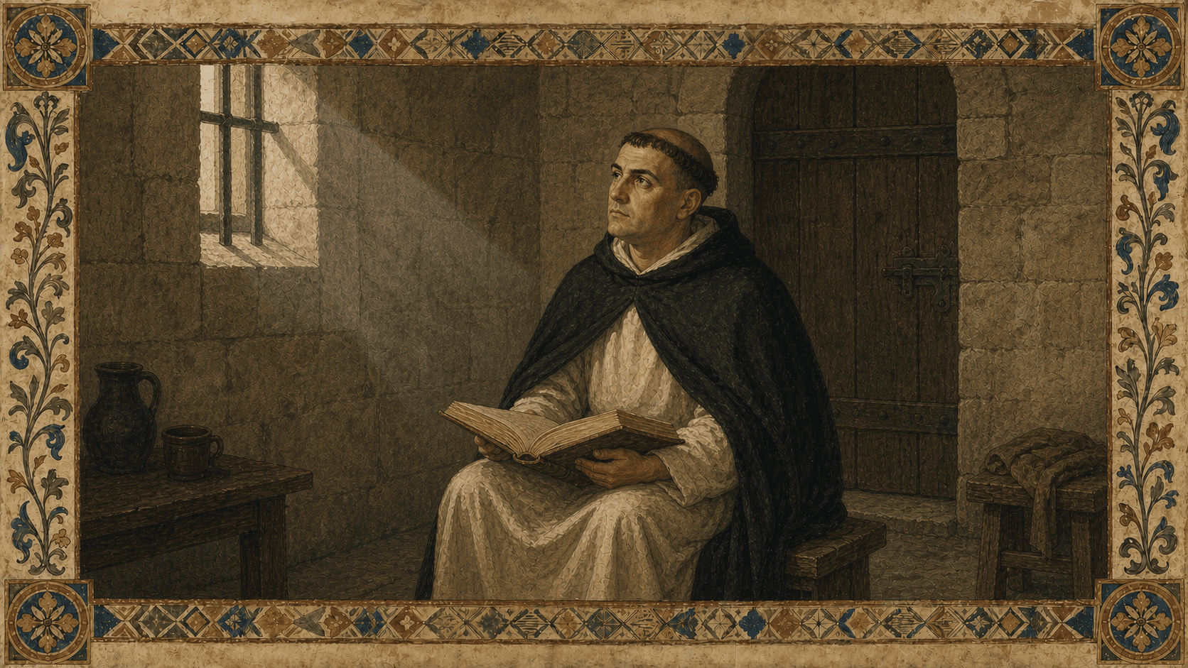 Thomas Aquinas held at Roccasecca by his family after joining the Dominicans, shown in a restrained castle interior.