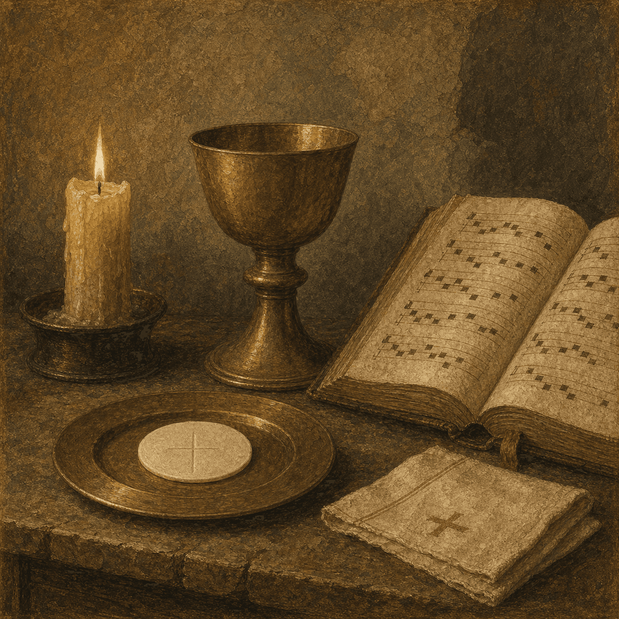 A Eucharistic still life for Aquinas with chalice, host, candle, manuscript, and Dominican restraint.