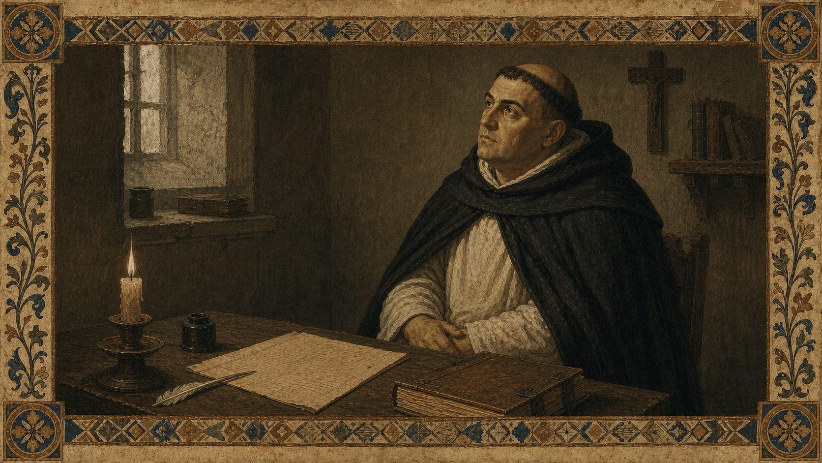 Thomas Aquinas laying down his pen near the end of his life after the experience that made his writings seem like straw.