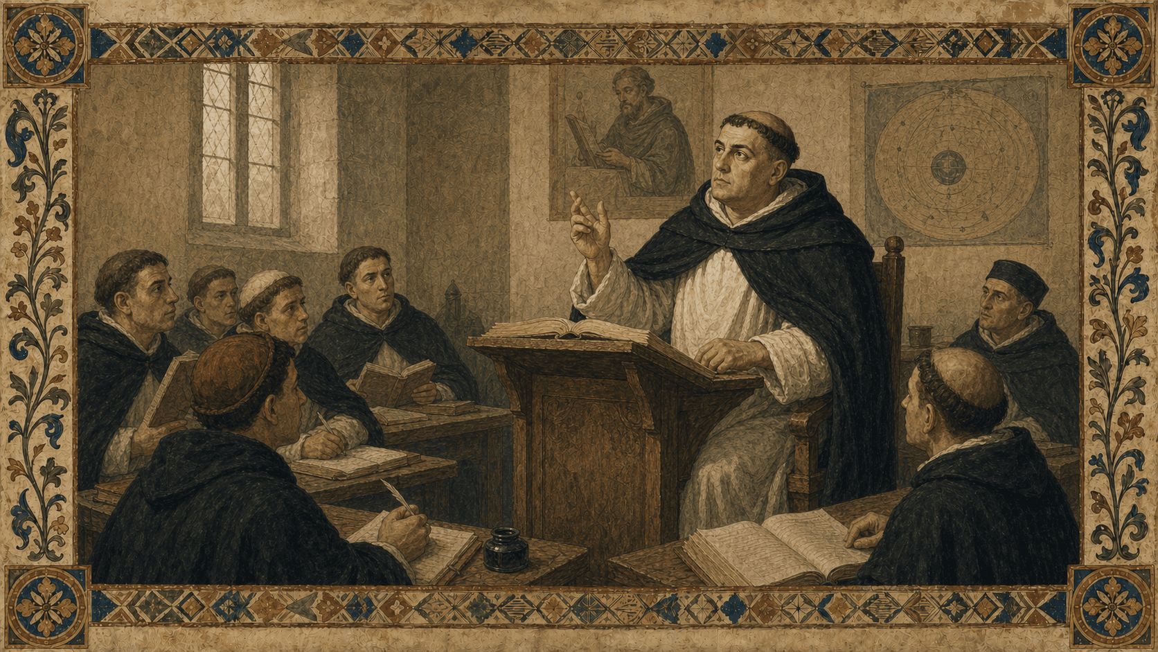 Thomas Aquinas teaching in a medieval disputation with Aristotle's works and students gathered around him.