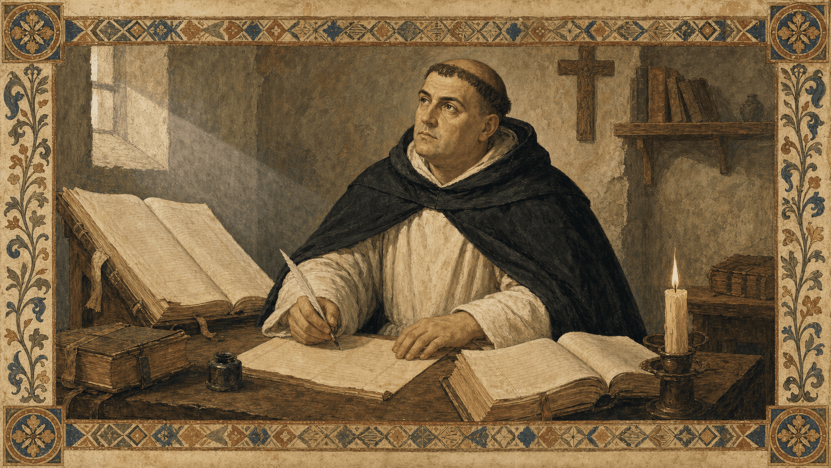 St. Thomas Aquinas at his writing desk with manuscripts and warm monastic light, rendered in the Saints Library fresco-editorial style.