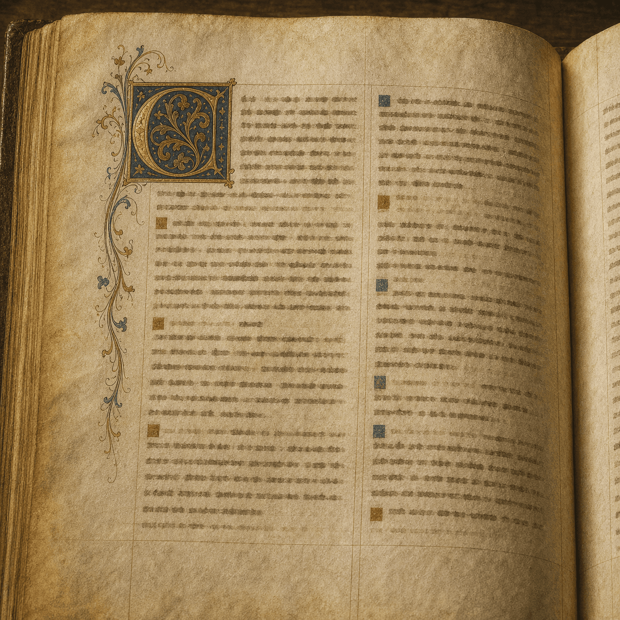 A manuscript-style page for the Summa Theologiae with ruled lines and illuminated scholastic ornament.